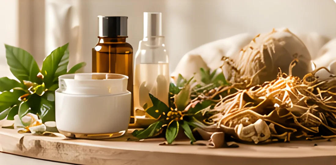 Botol serum ambar, balang krim dan akar herba kering di atas papan kayu