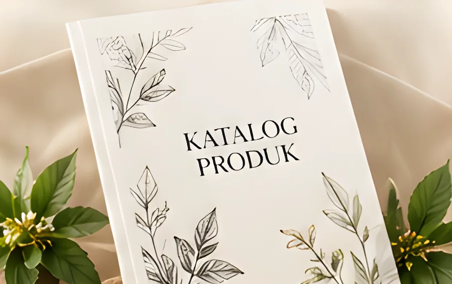Kulit katalog produk herba dengan ilustrasi daun
