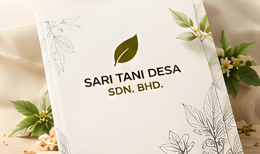 Kulit profil syarikat Sari Tani Desa dengan ilustrasi daun