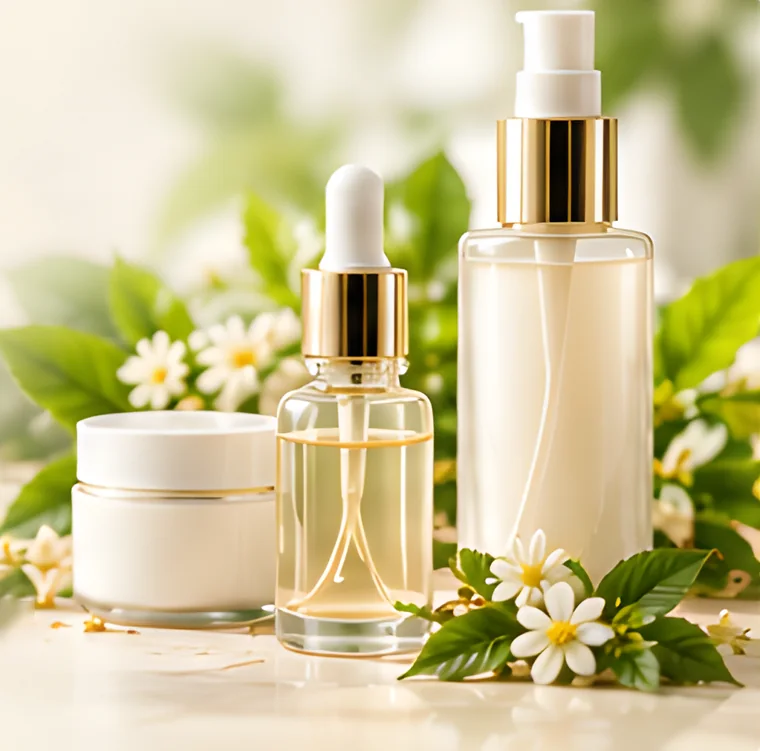 Botol serum kaca, botol pam dan balang krim dengan bunga putih