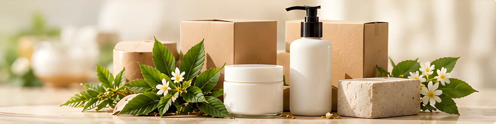 Kotak kertas kraf, botol pam, balang dan sabun herba dengan daun segar
