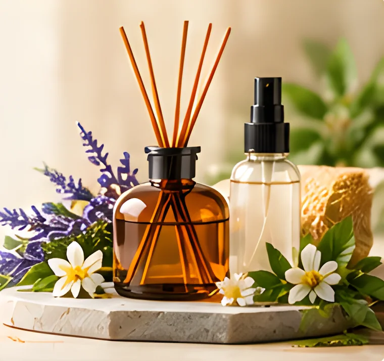 Peresap buluh dalam botol ambar, botol semburan dan lavender