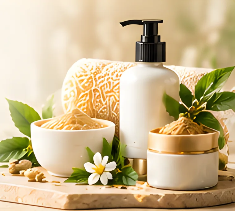 Botol pam putih, mangkuk scrub herba dan tuala dengan bunga