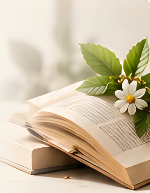 Buku terbuka dengan daun herba dan bunga putih
