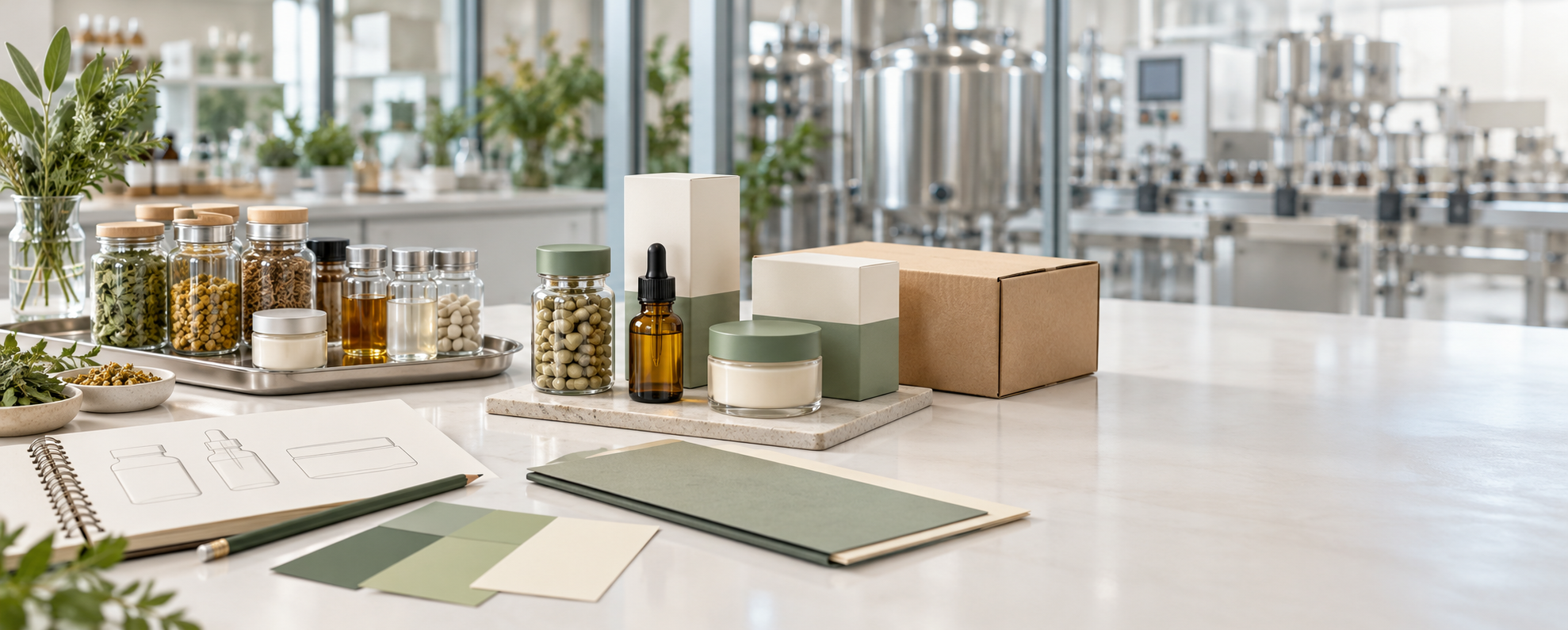 Botol serum ambar, balang krim dan akar herba kering di atas papan kayu