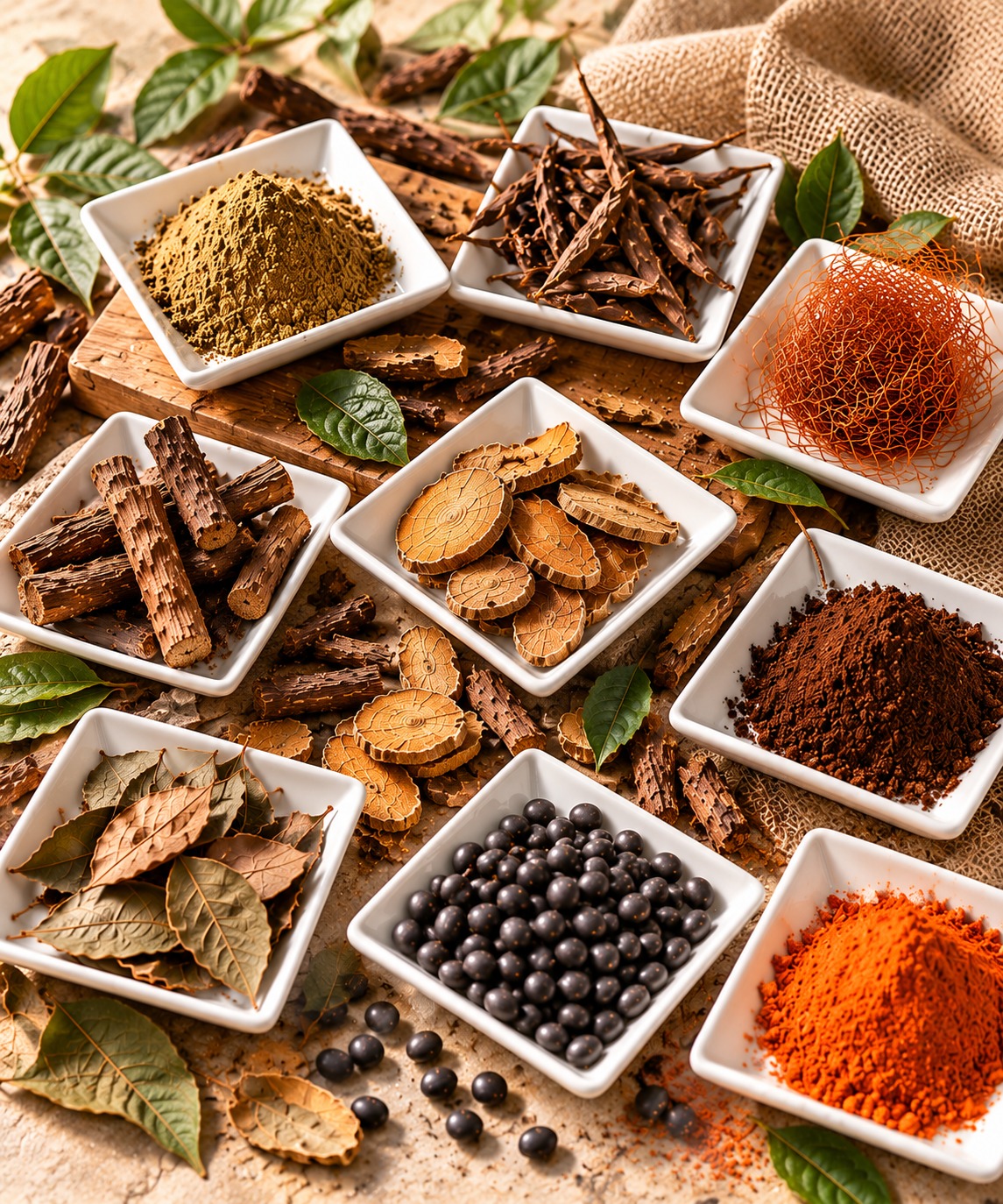 Sembilan jenis herba kering dan serbuk herba di atas piring putih