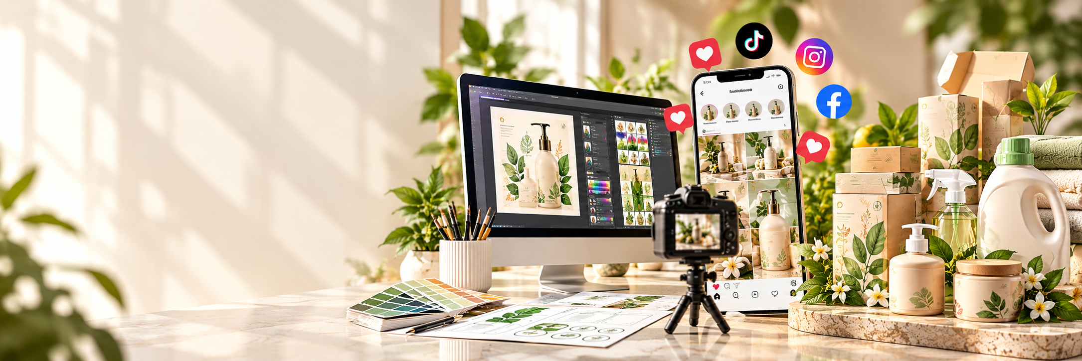 Kotak kertas kraf, botol pam, balang dan sabun herba dengan daun segar
