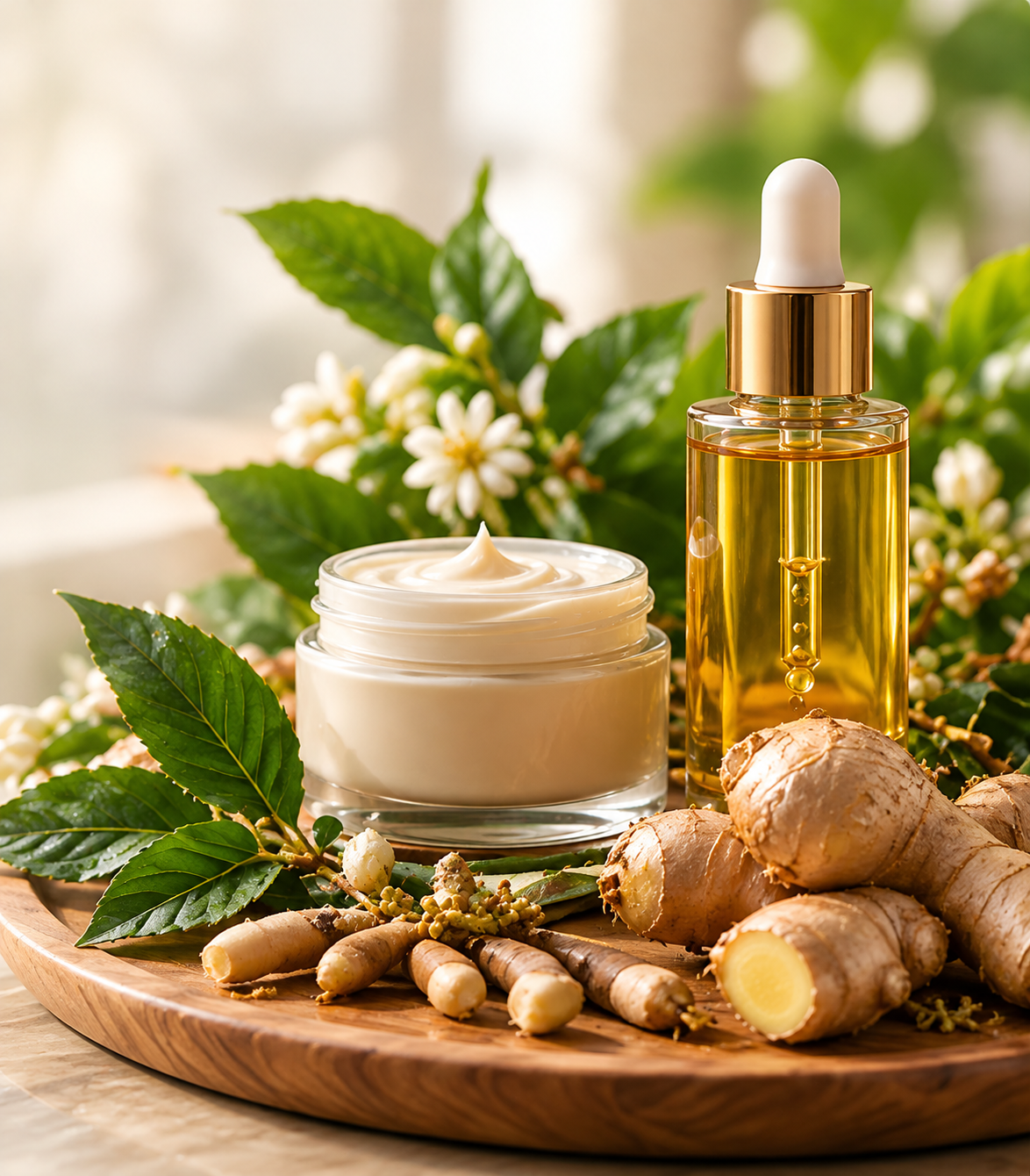 Botol serum kaca, botol pam dan balang krim dengan bunga putih