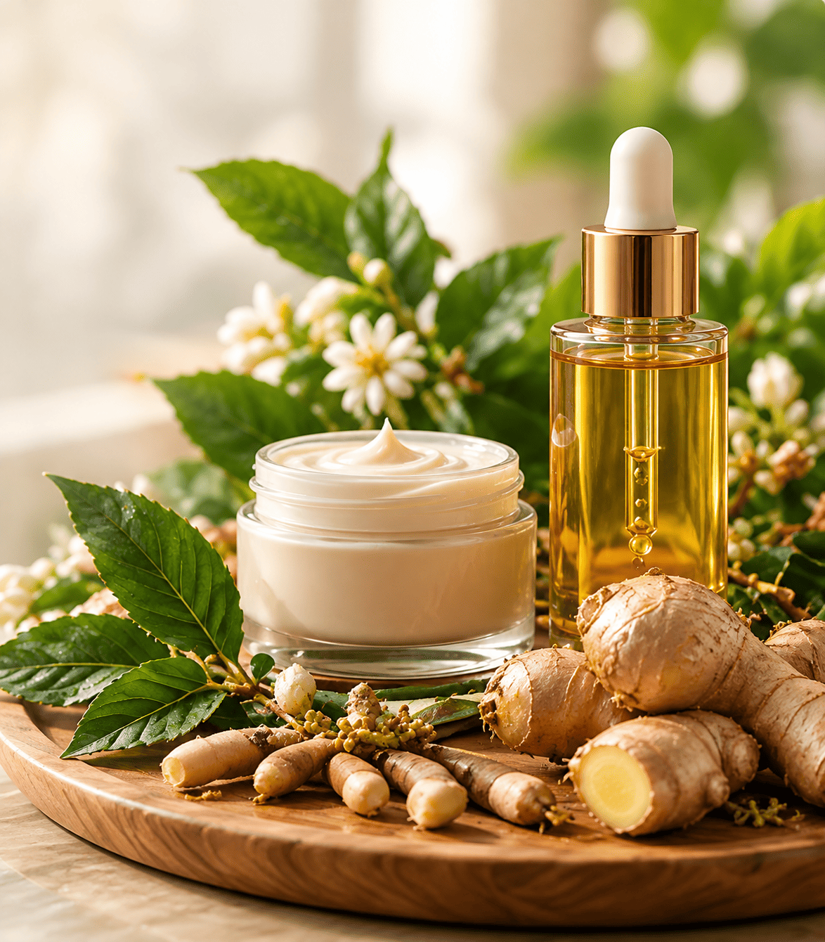 Botol serum kaca, botol pam dan balang krim dengan bunga putih