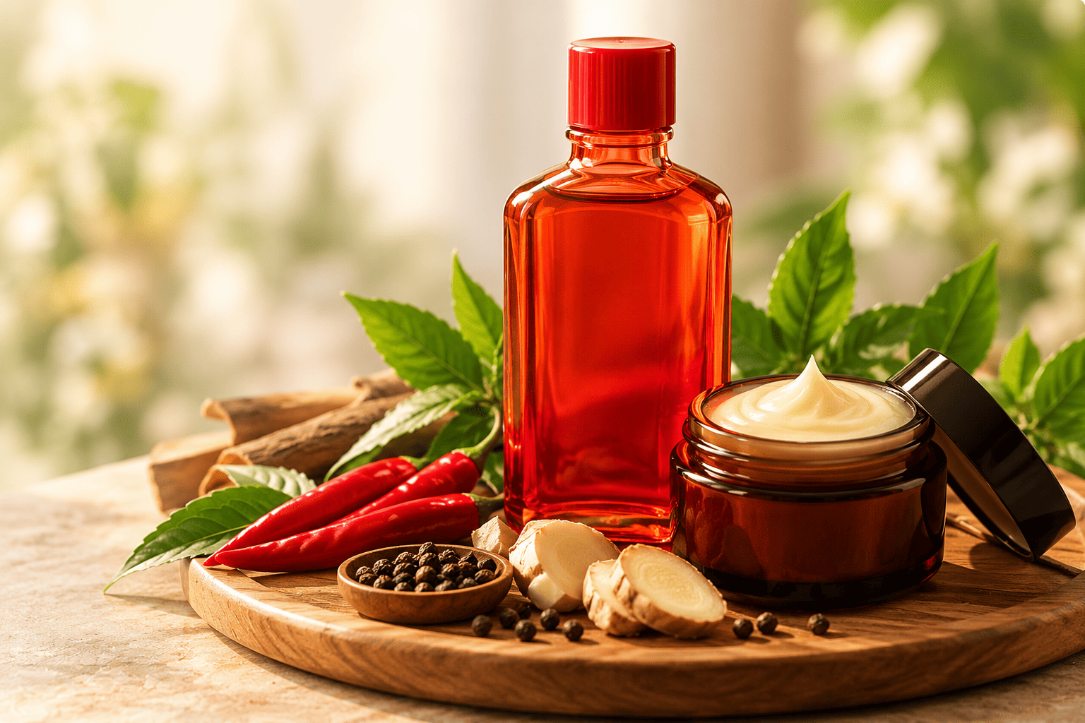 Tiub krim putih dan balang krim dengan bunga dan daun herba