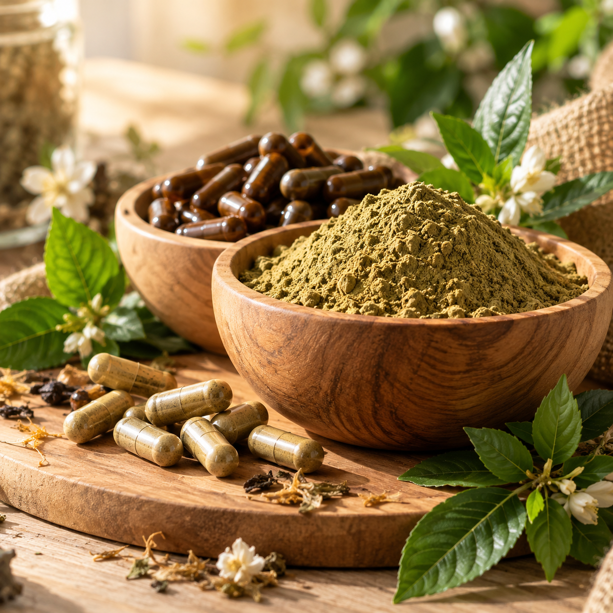 Mangkuk kayu berisi serbuk herba, biji kopi dan akar herba
