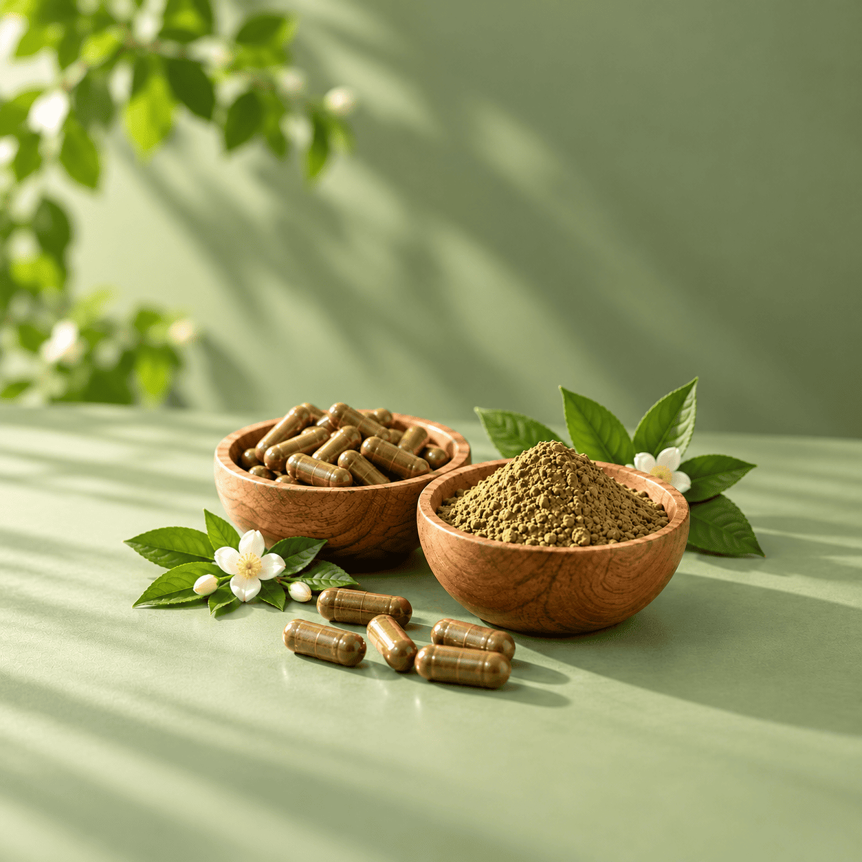 Mangkuk kayu berisi serbuk herba, biji kopi dan akar herba